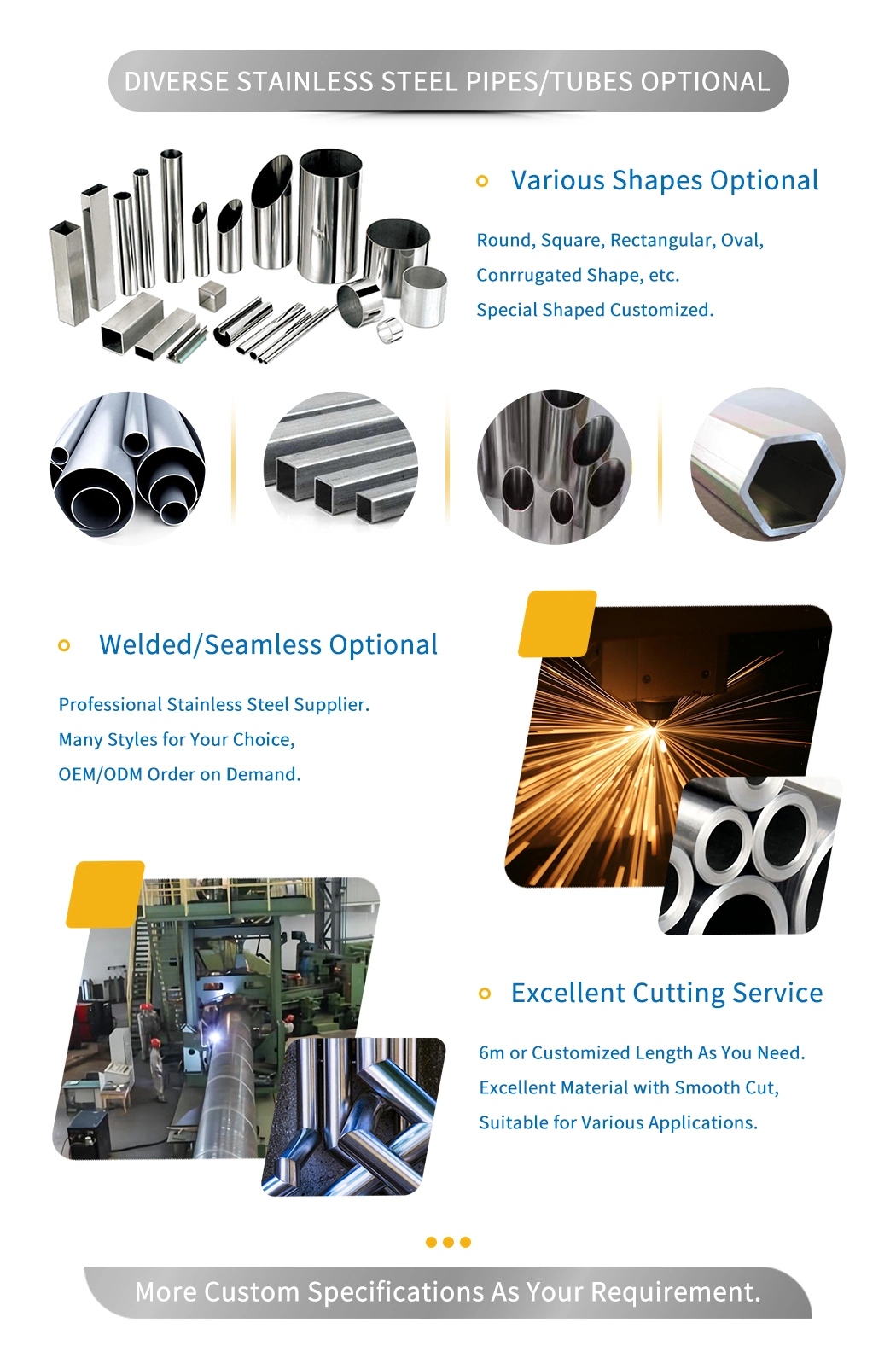 Cutting 304 316 Stainless Steel Oval/Round/Square Pipe Tube